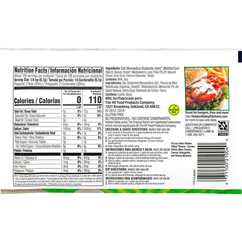 Hidden Valley Original Dry Mix Gluten Free Salad Dressing, 1 Gallon - 18 per Case